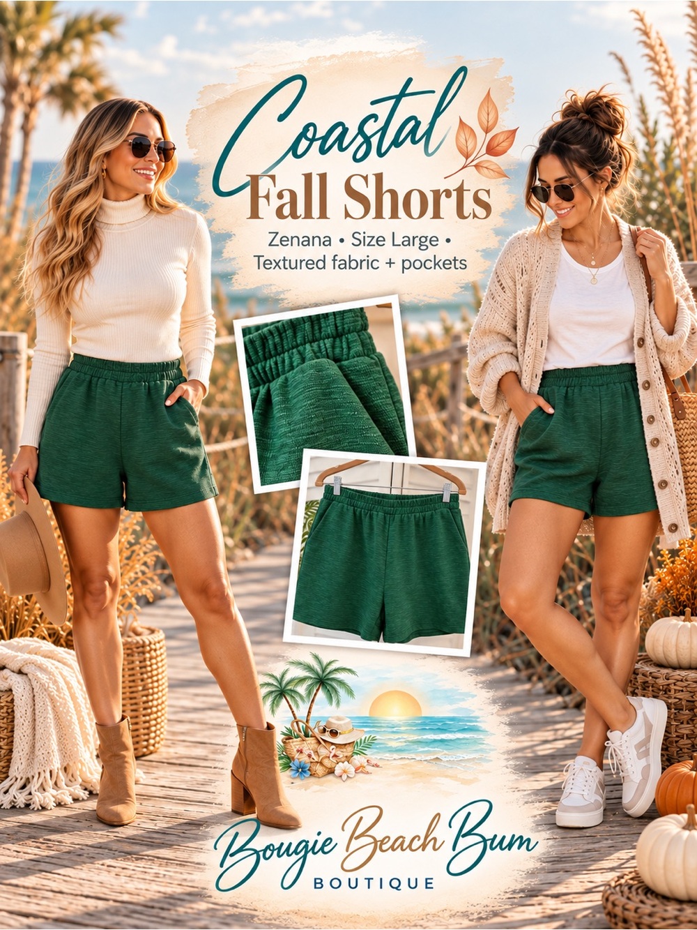 Zenana Forest Green Textured Shorts with Pockets | Large